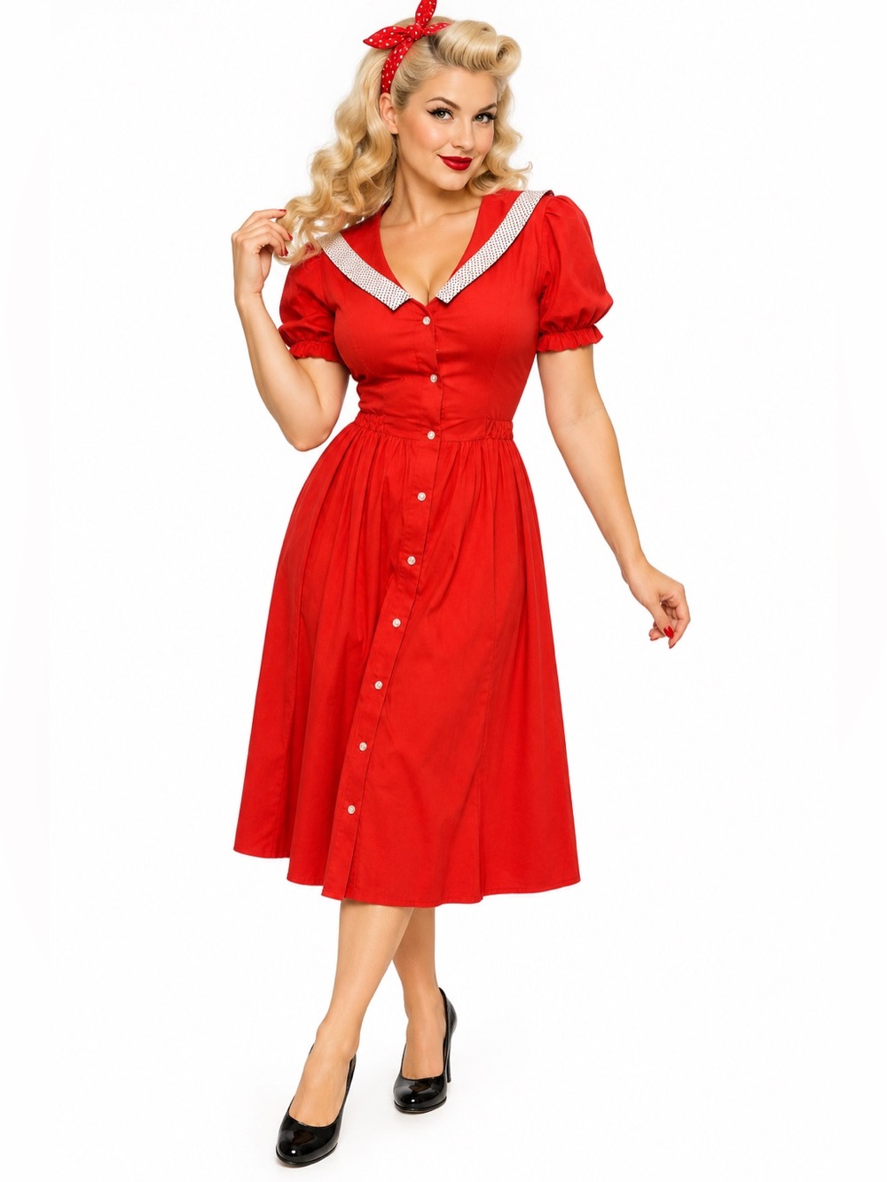 Vtg 80s CQJ Red Sailor Dress Polka Dot Bow Shoulder Pads 50s Retro Rockabilly- 5